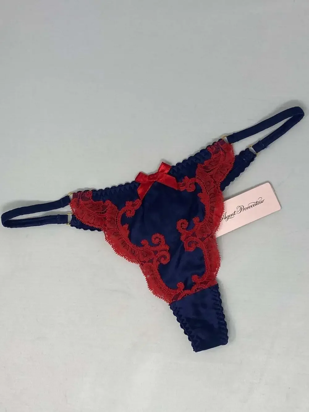Agent Provocateur Molly Navy Red Silk Thong NWT $175